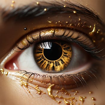 Close-up of a woman's eyes with gold makeup.eye of a beautiful woman with gold paint.Generative AI