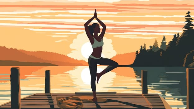 a young girl practices yoga on the shore of a pond in the morning.Generative AI