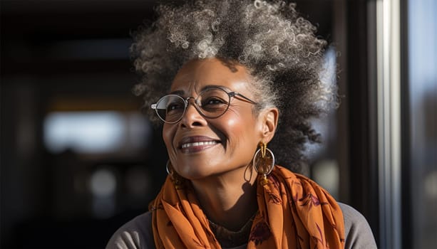 Portrait of a happy African American elderly woman at the window in a nursing home.Generative AI