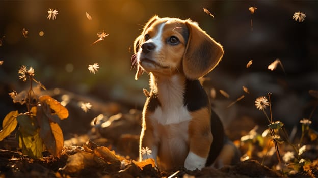 A beagle dog sits on the grass covered with fallen leaves in an autumn park against the background of falling leaves from a tree .Generative AI