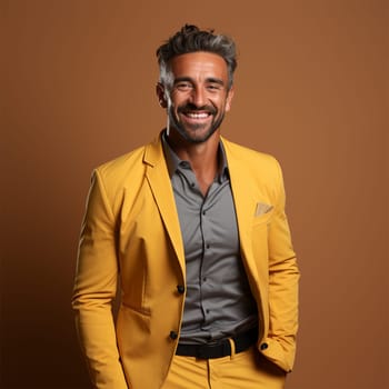 portrait of a young gray-haired cheerful man in a yellow jacket on a color background.Generative AI