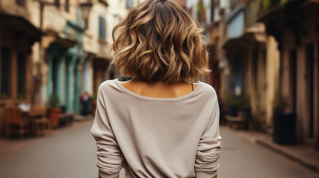 Close-up rear view of a blonde woman with a shiny wavy short hairstyle against an east street background.Generative AI