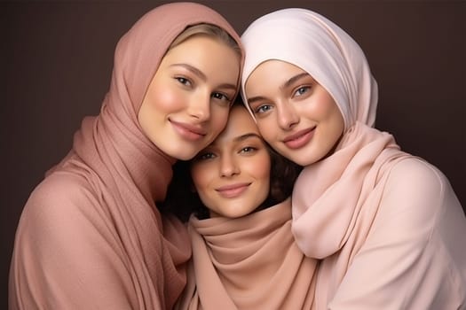 beautiful young women in muslim clothes in pastel colors posing, smiling at the camera, standing together. Portrait of modern young women.racial diversity. Women's fashion concept.Generative AI