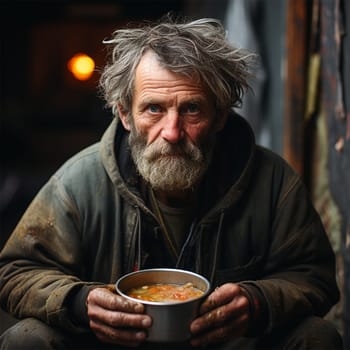 A homeless beggar sits in dirty clothes on the street in the city with a bowl of food and asks for a money donation.Generative AI