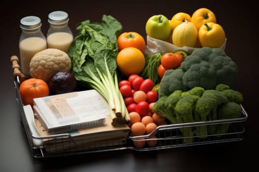 Healthy food, fruits and vegetables in a grocery cart with grocery list. Choosing healthy food for the heart, healthy lifestyle concept.Generative AI