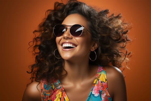 Beauty portrait of a cheerful Hispanic woman wearing colored sunglasses against a bright background. Beautiful woman with curly hair. Cosmetics, makeup and fashion.Generative AI
