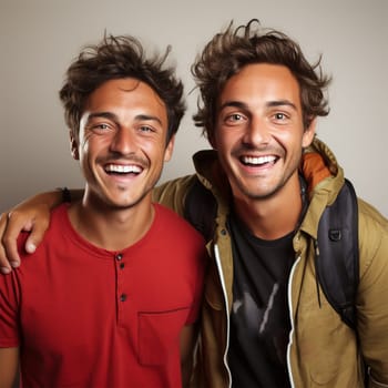 portrait of two friends on a gray background.Generative AI