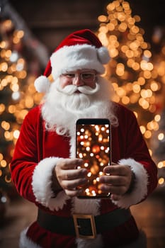 Santa Claus holds a smartphone in his hand in front of him in a shopping center on a blurred background.Generative AI