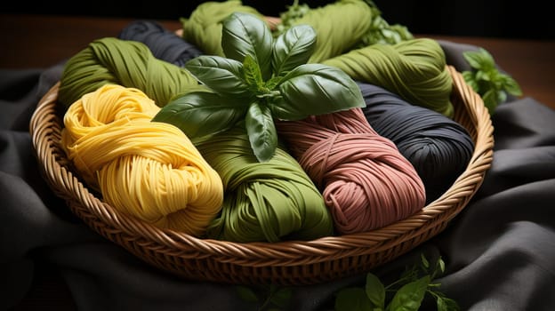 Homemade fresh different colors raw vegetarian pasta with green leaves. colorful top view.Generative AI