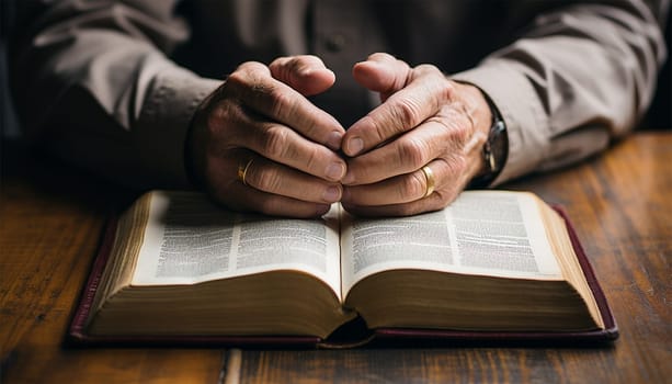 The hands of an elderly man lie on a book.reading and praying.Generative AI