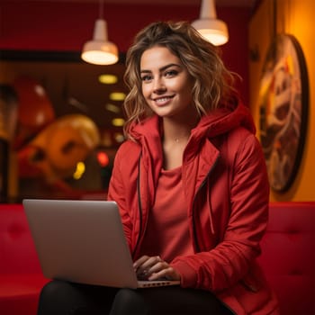 a young woman in a red jacket with a laptop against the backdrop of a bright cafe interior.Generative AI