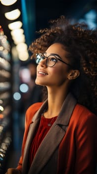 portrait of a young beautiful woman with glasses and lush wavy hair in front of a bright shop window on a blurred background. concept of shopping, discounts and Christmas. Generative AI