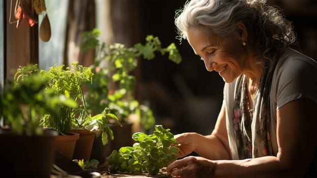 Beautiful smiling grey-haired elderly woman 60-70 years old working on seedlings.Generative AI