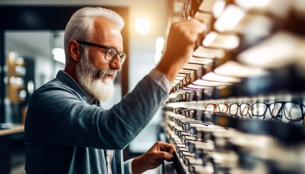 A bearded gray-haired man stands at a shop window wearing glasses and chooses a frame for glasses in an optician.Generative AI