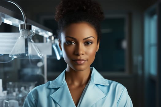 Portrait of a beautiful young African American nurse . medical worker against a blurred background of the clinic.Generative AI