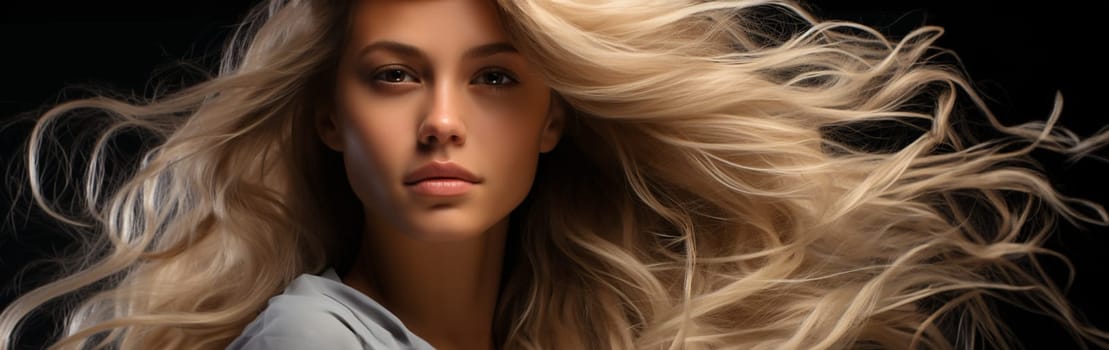 sensual portrait of a blonde with flying hair. banner or poster for a beauty salon.Generative AI