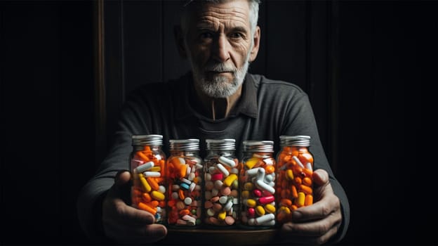 an elderly man holds several jars of pills and pills in front of him. mental and physical health concept. Caring for the Elderly .Generative AI