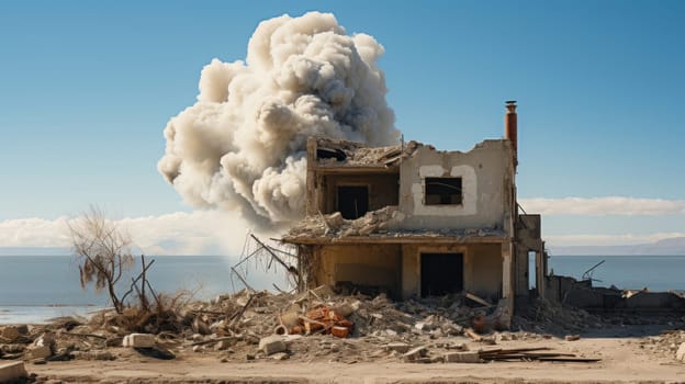 demolition by explosion of an old destroyed abandoned house on the lake shore or the sea. freeing up space from old unnecessary buildings for new construction.Generative AI