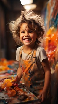cheerful curly baby in overalls in an art workshop. young artist.Generative AI