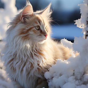 red fluffy cat in winter looks at snow-covered branches .Generative AI