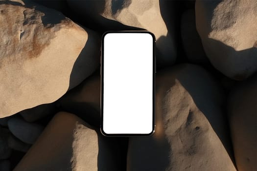 Flatlay phone on sand-colored stones. Free space for text, mockup. Aesthetic elegant picture for social networks.Generative AI