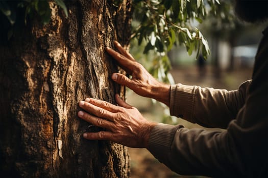 A man's hand touches a tree trunk close-up. Caring for the environment. Ecological concept of saving the world and loving nature.Generative AI