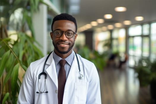 young smiling doctor in a robe and with a stethoscope in the clinic .Generative AI