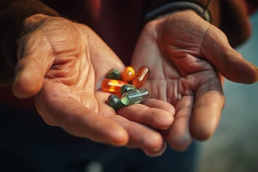 the hands of an elderly man with wrinkles hold pills. concept of mental health, support and family.Generative AI