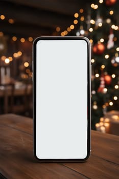 A hand holds a black smartphone with a blank screen on a Christmas background.copy space,mockup.Generative AI