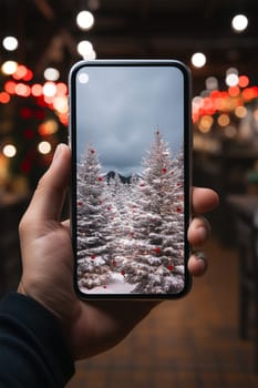 A hand holds a black smartphone with a Christmas tree on the screen on a Christmas background.Generative AI