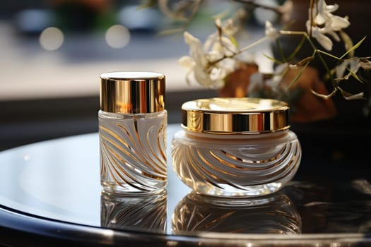 Cosmetic crystal bottle inlaid with gold of a luxury product with white fresh flowers. product presentation, demonstration of cosmetic products. Modern stylish luxury bottle.Generative AI