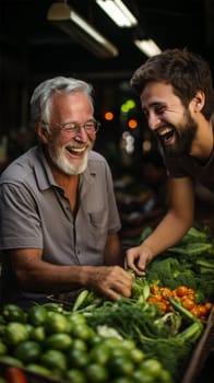 Farmer's market vendors laugh as they lay out vegetables on the counter.Generative AI
