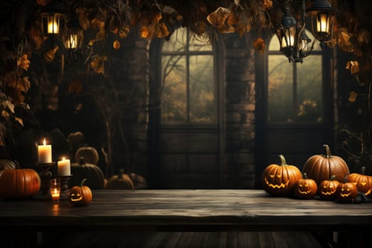 Scary laughing pumpkin in an ancient gothic interior of a dark castle. Halloween, witchcraft and magic.Halloween castle design elements.Generative AI