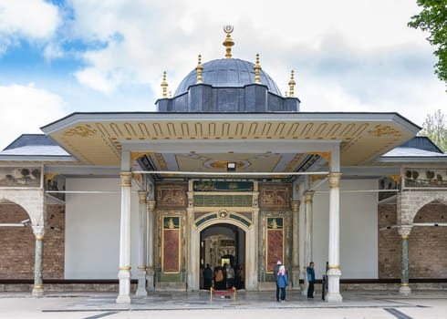 16th century Ottoman style Gate of Felicity, entrance to the Third Courtyard of the Topkapi Palace in Istanbul, Turkey, decorated with intricate carvings and calligraphy
