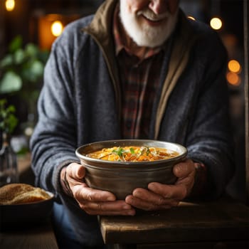 hands of a homeless person receiving a bowl of hot food at a volunteer center.concept of care and assistance to the homeless, the poor and those affected by natural disasters and wars.Generative AI