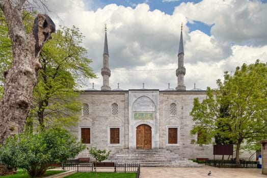 Closed Entrance of 18th century Ottoman Yeni Valide I Mosque, in Uskudar district, on Asian Istanbul, Turkey. Text translate: I bear witness that there is no deity except Allah