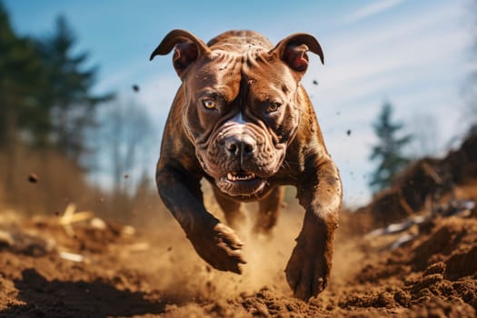 Agressive staffordshire terrier running on the park road. AI generated