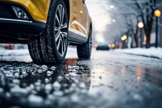 Close-up of car wheels rubber tires on winter road. Transportation and safety concept.  AI generated