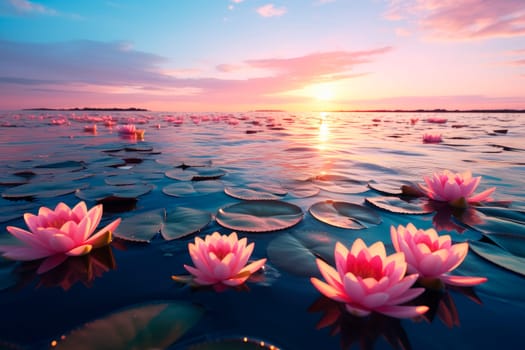 Many beautiful and fresh water lilies grow on the surface of the calm lake. AI generated