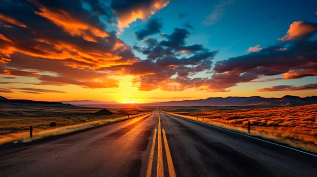 Asphalt road ground and mountain landscape at sunset.AI generated