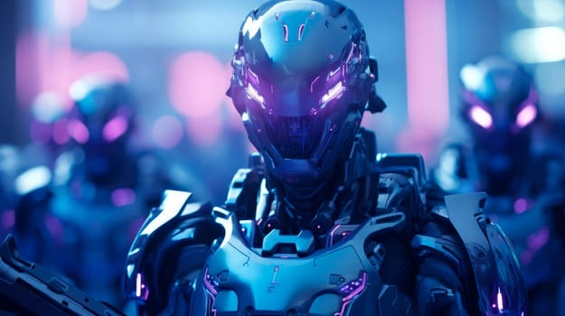 Invasion of military robots. Advanced robot soldiers with neonic lights.  AI generated
