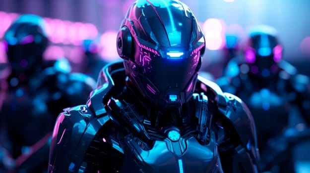 Invasion of military robots. Advanced robot soldiers with neonic lights.  AI generated
