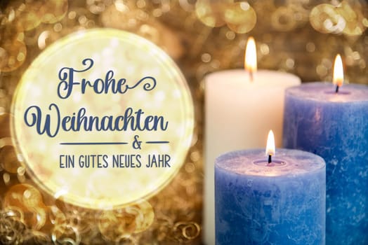 German Text Frohe Weihnachten Und Ein Gutes Neues Jahr, Means Merry Christmas And Happy New Year In English, With Candles, Golden, Glittering Winter Background, Festive, Cozy Atmosphere, Christmas Decoration