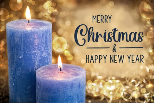 Text Merry Christmas And Happy New Year, With Blue Candles, Warm And Cozy Winter Background, Golden Christmas Decoration