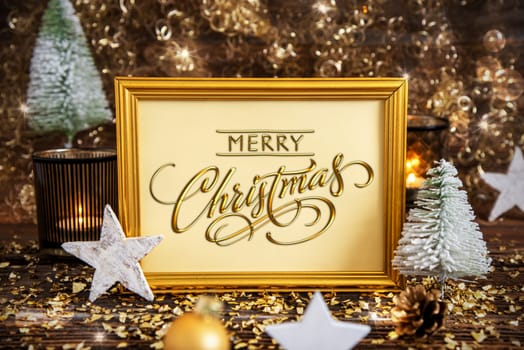Golden Frame With Words Merry Christmas, Golden And Glittering Christmas Decoration, Winter Background