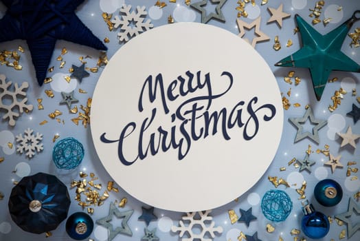 Text Merry Christmas, Blue Flatlay, Christmas Decor, Winter Background, Stars Wooden Flatlay