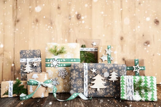 Eco Friendly, Sustainable, Rustic, Green Wrapped Christmas Gifts Winter Background