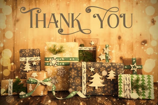Text Thank You, Eco Friendly, Sustainable, Rustic, Green Wrapped Christmas Gifts, Winter Background