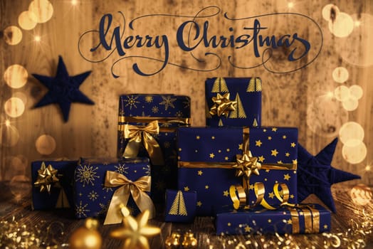 Text Merry Christmas, Many Blue Christmas Presents, Christmas Background, Wooden Winter Decor