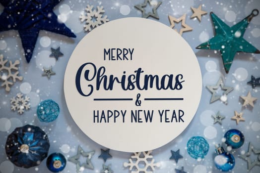 Blue Christmas Decor With Stars, Christmas Balls And Sign With Text Merry Christmas And Happy New Year
